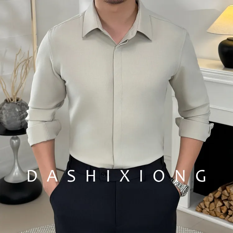 男士秋季商务休闲羊毛翻领立领高品质修身纯色高级感修身长袖衬衫