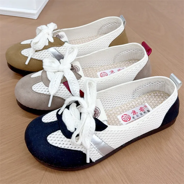 老北京布鞋女单鞋一脚蹬时尚休闲鞋镂空网面德训鞋浅口平底阿甘鞋