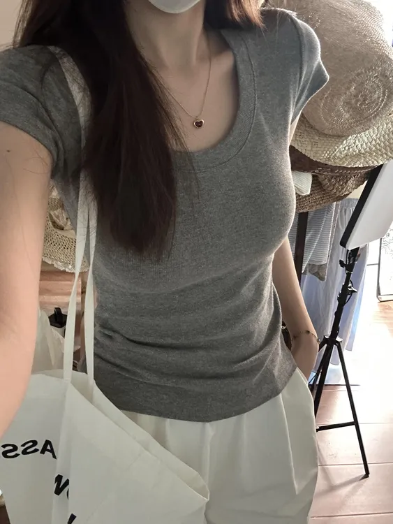 灰色修身U领正肩短袖T恤女夏季百搭美式辣妹弹力显瘦收腰学生上衣