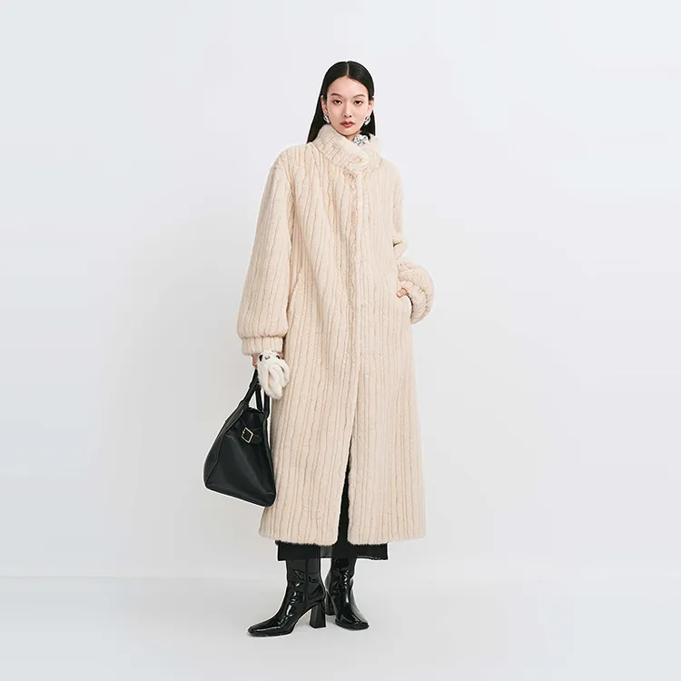 【商场同款】HPLY荷比俪冬季竖压纹立领仿皮草长大衣HME43520421