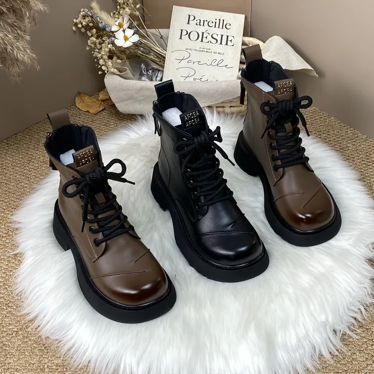 复古圆头网红马丁靴女2025秋冬季防滑棉靴时尚厚款黑色靴子英伦风