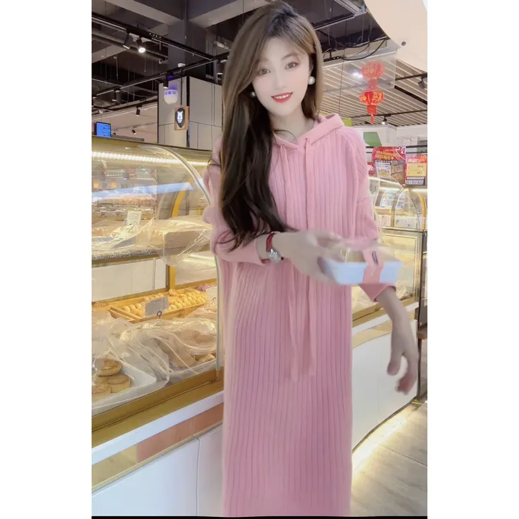 086秋冬2025新款韩版针织连衣裙保暖显瘦中长款打底裙连帽毛衣裙