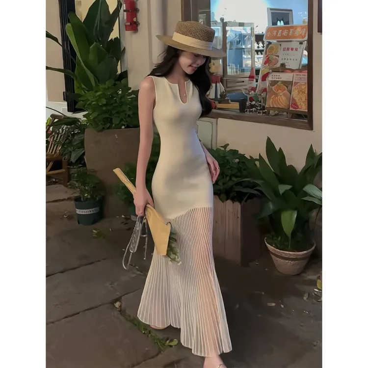 纯欲小香风U领无袖显瘦针织长裙夏季新款气质高级感连衣裙