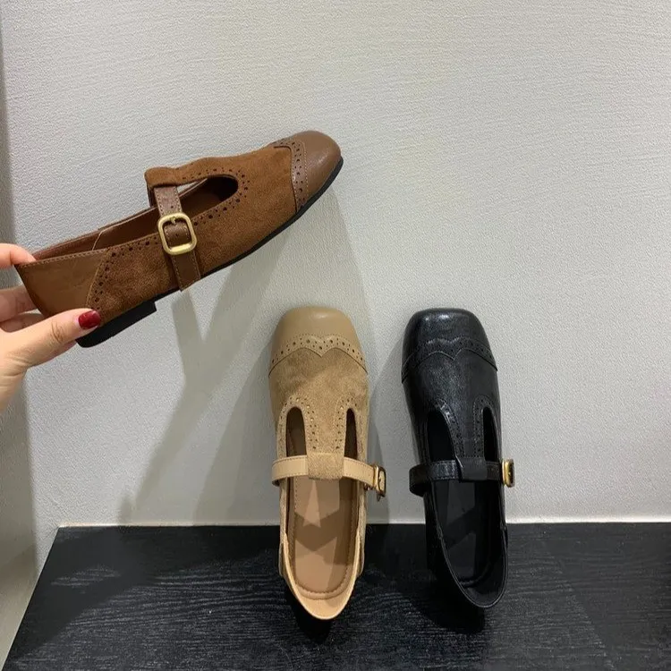 2025春秋季复古棕色方头玛丽珍鞋芭蕾舞鞋仙女风平底女鞋浅口单鞋