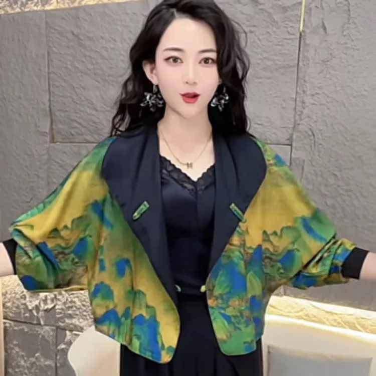 香云缎面新中式印花披肩外套2025春夏新款长袖收口开衫外搭上衣女