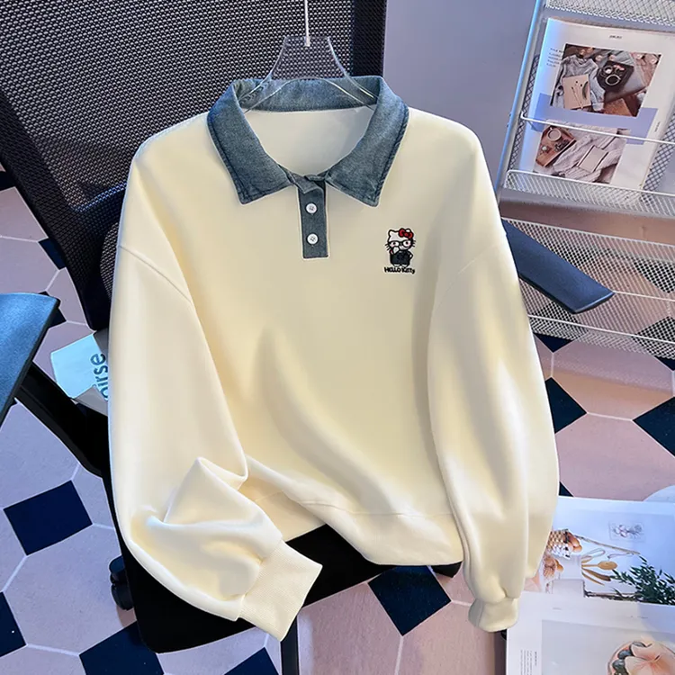 小个子洋气宽松短款卫衣女2025春秋薄款撞色polo领假两件长袖上衣
