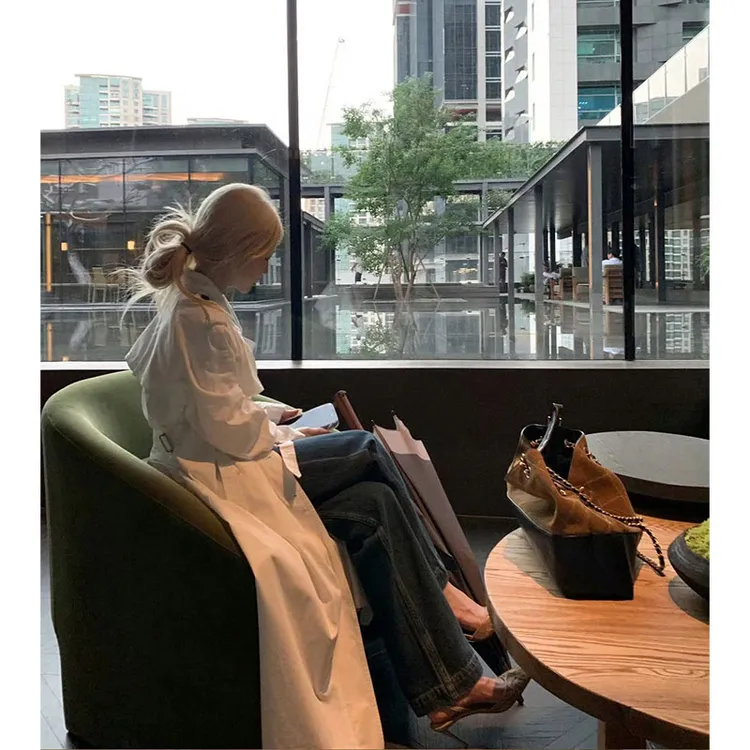 2025秋季新款ins气质高级感英伦风长款风衣外套女+高腰阔腿牛仔裤