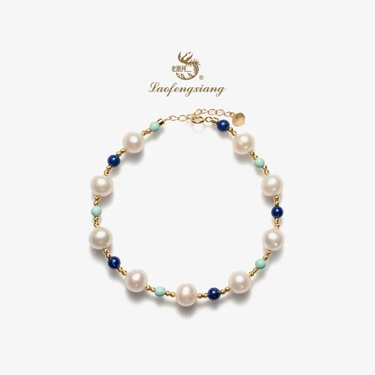 老鳯祥官方淡水珍珠手链青山绿松青金石18K金时尚百搭手链