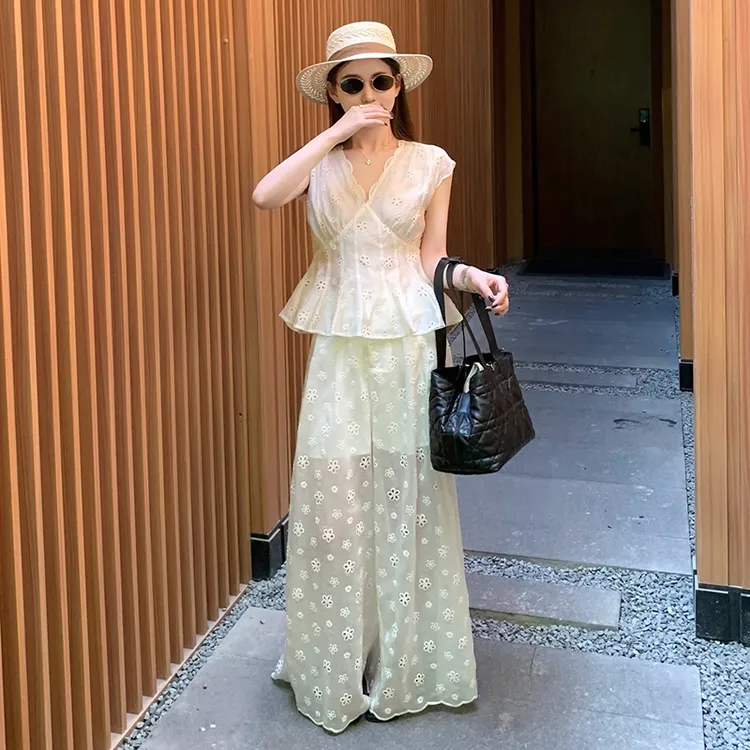 夏季穿搭一整套高级感气质蕾丝钩花上衣遮肉显瘦阔腿裤减龄套装女