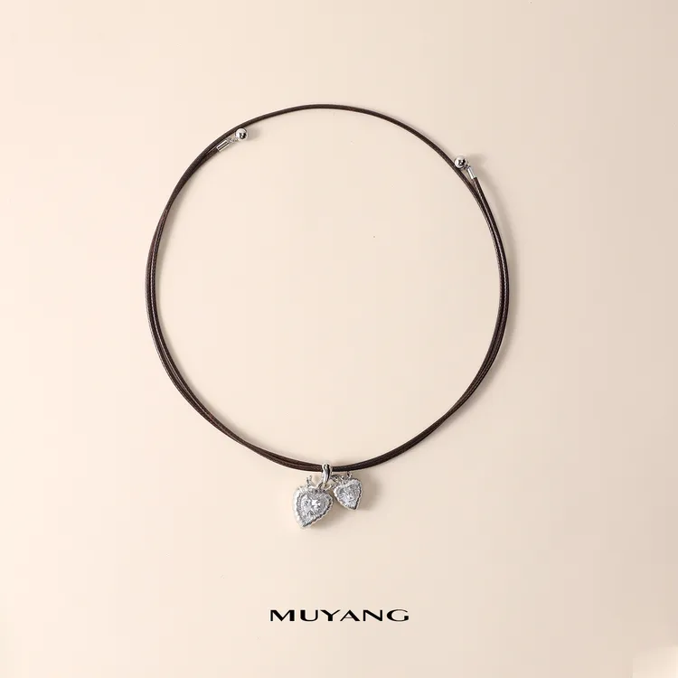 muyang/慕阳 铜合金布艺项链 气质时尚百搭简约双心项链黑色颈链商品图