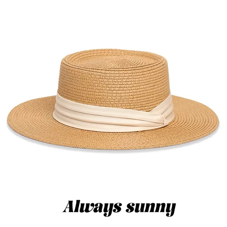 平沿帽子女夏夏天平顶草帽沙滩法式度假遮阳防晒巴拿马编织礼帽子