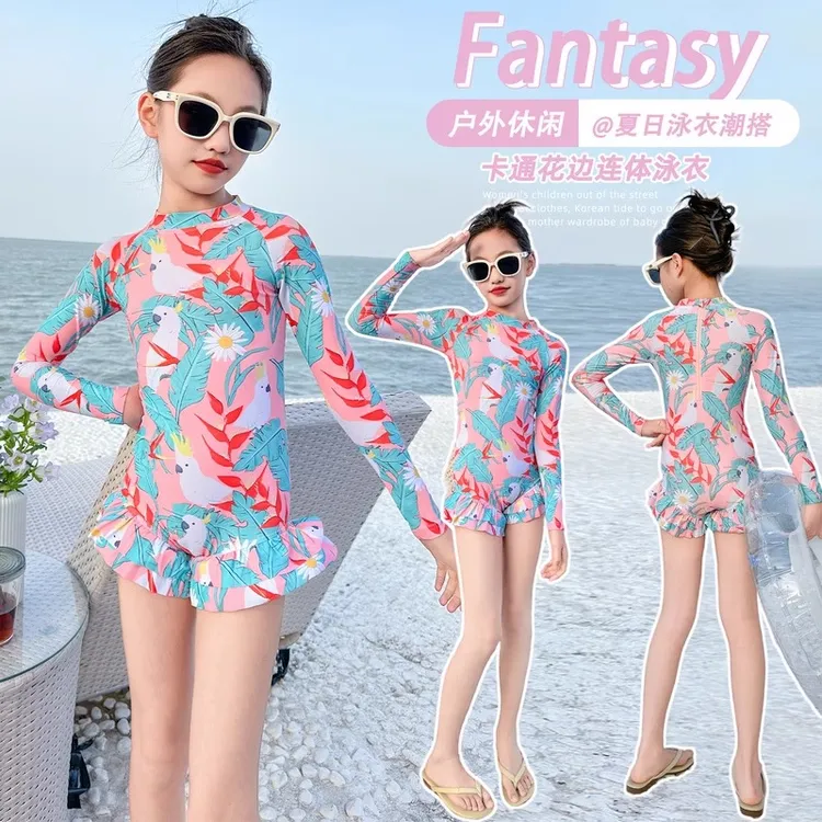 女童连体泳衣2025新款儿童长袖防晒游泳衣中大童女孩温泉度假泳装