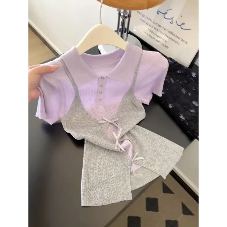 灰色吊带假两件针织短袖t恤女2025夏季短款修身正肩polo领上衣