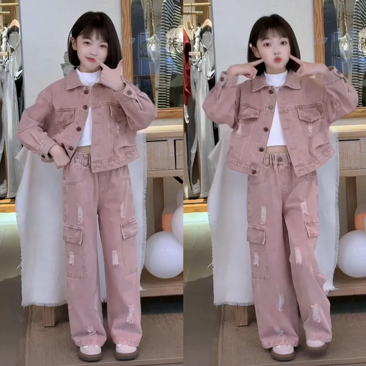 女童秋季新款潮酷时髦短款牛仔外套破洞韩系工装牛仔裤套装