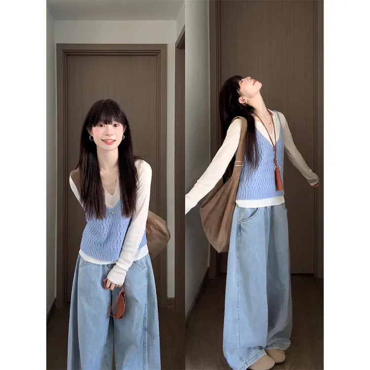 parkyeon秋季新款韩系v领吊带叠穿针织衫上衣高腰阔腿牛仔裤套装