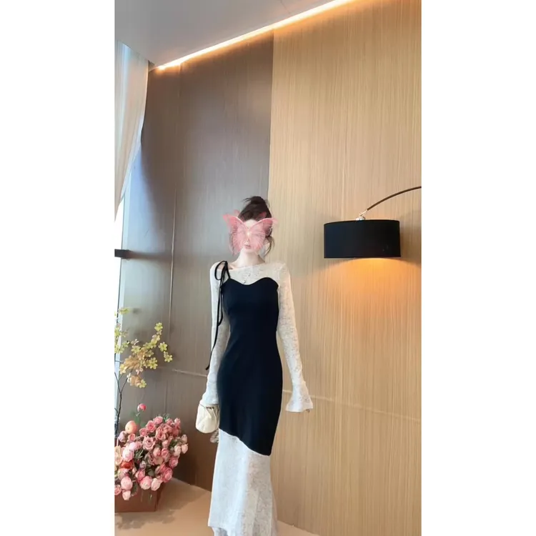 秋季新款拼色不规则假两件喇叭袖长裙连衣裙