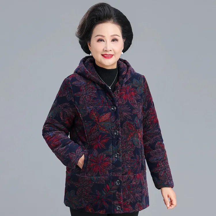 老年人冬装连帽棉袄女妈妈棉衣灯芯绒印花保暖奶奶装宽松棉服上衣