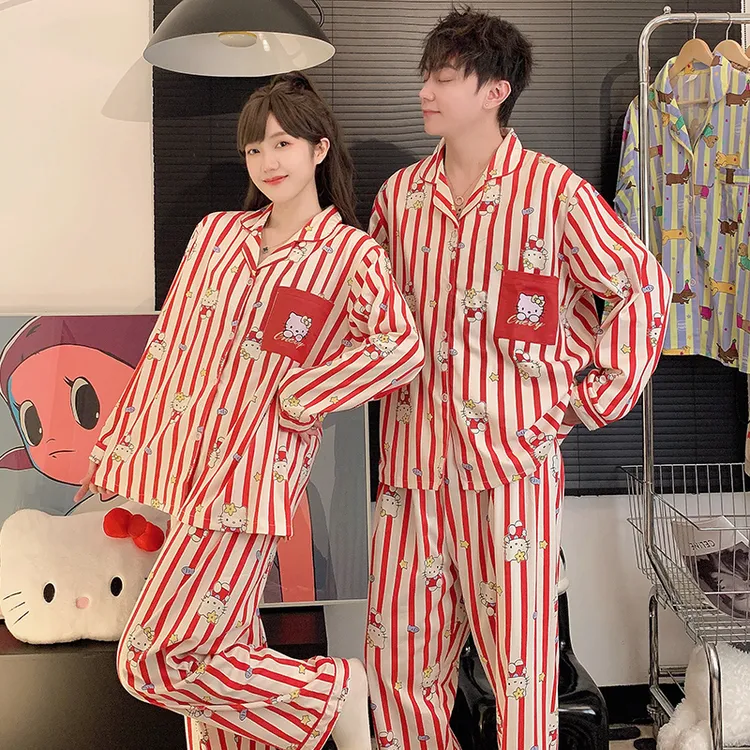 红色Hellokitty红条纹情侣睡衣女春秋长袖140-280斤可外穿家居服