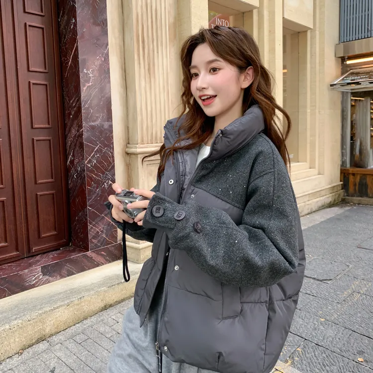 保暖立领女短款宽松纯色拼接棉服棉衣韩版韩系清凉感时尚百搭外套