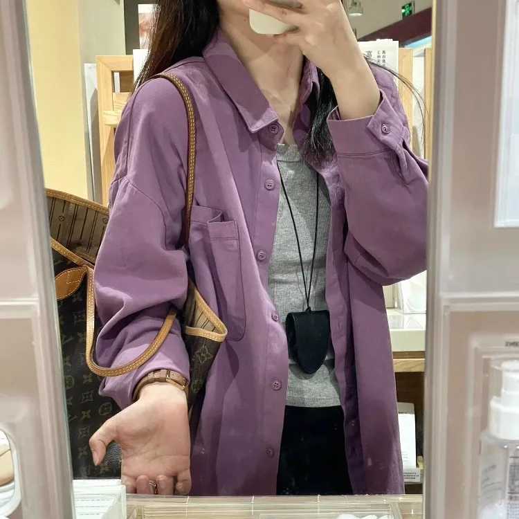 韩系紫色水洗纯棉衬衫女2025春秋季慵懒风宽松休闲气质衬衣外套