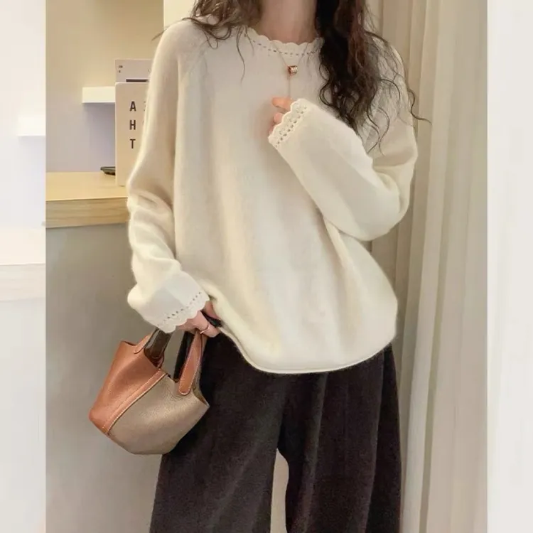慵懒风圆领女秋冬蕾丝花边宽松显瘦百搭针织衫时尚打底上衣