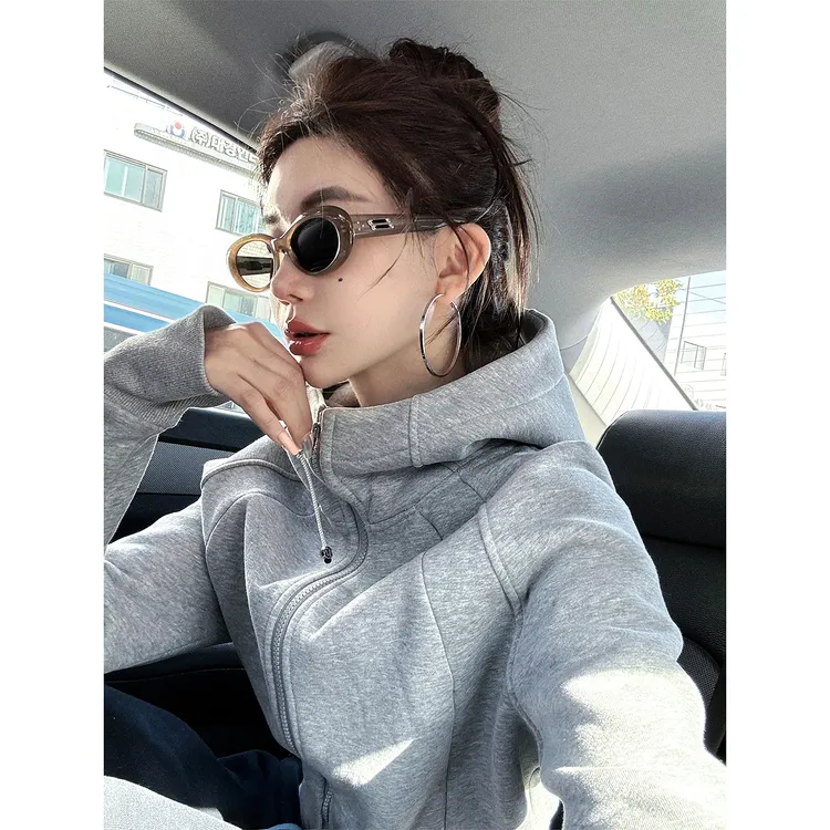 婉君【加绒lulu】秋冬韩系百搭连帽拉链短款卫衣外套LWJ24D4C2412