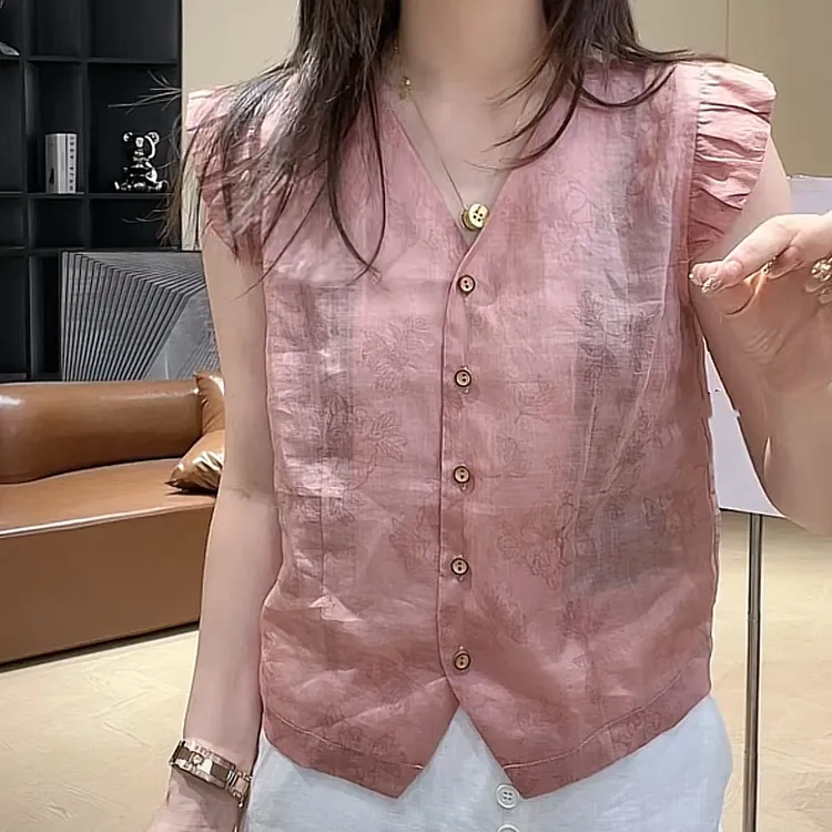 气质V领坎肩袖提花上衣2025夏季新款时尚上衣气质显瘦时尚百搭