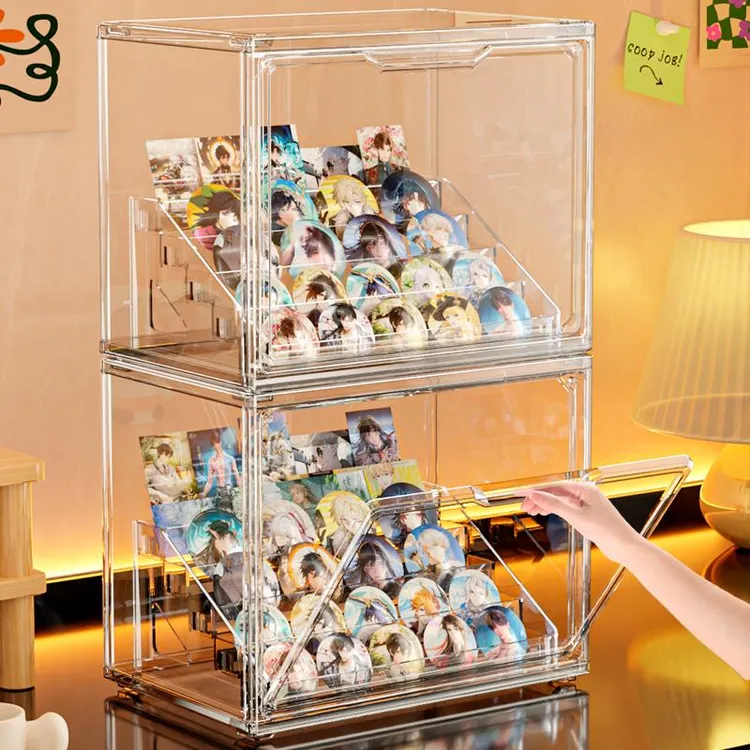 吧唧透明桌面收纳盒谷子徽章小卡展示架亚克力带盖盒子周边整理柜
