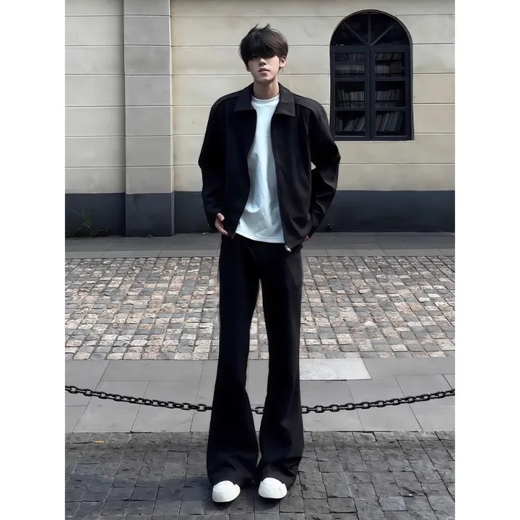 黑色微喇西裤男春秋季cleanfit修身提档裤子美式高级感弯刀直筒裤