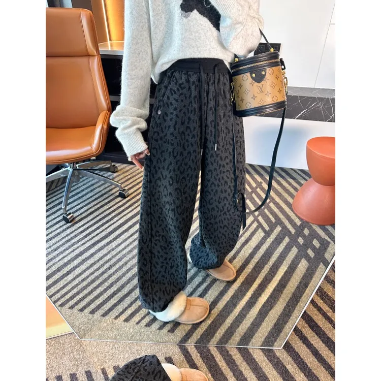 长腿模范~加绒深色豹纹休闲裤女秋冬新款两穿束脚抽绳阔腿长裤