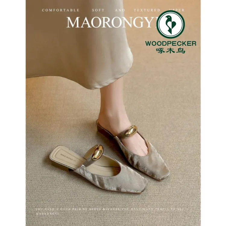 啄木鸟包头凉拖鞋女夏外穿粗跟半拖2025年夏季浅口凉鞋休闲穆勒鞋
