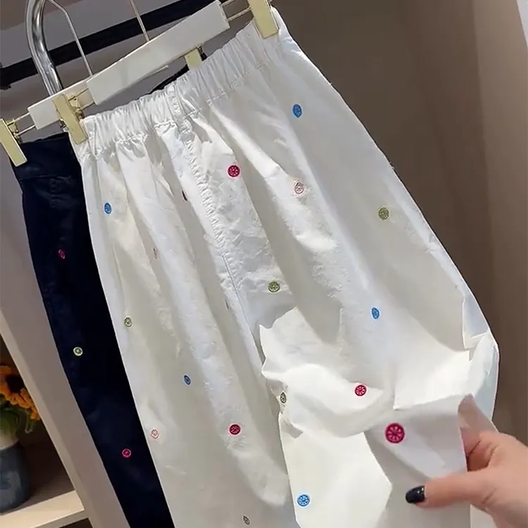 波点刺绣休闲裤女2025夏季薄款大码宽松梨型身材显瘦阔腿九分裤子