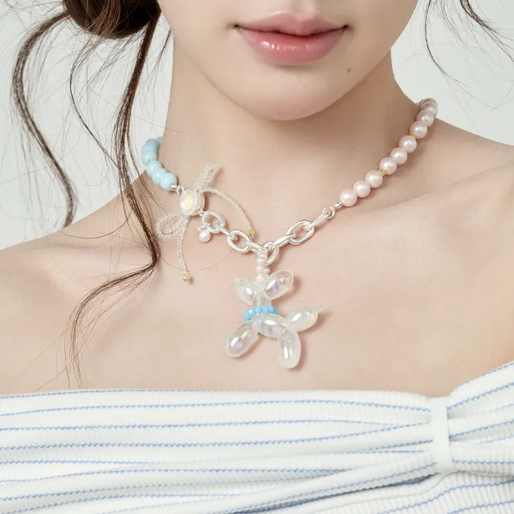 铜合金仿珍珠项链 原创气球小狗串珠设计感配饰蝴蝶结小众个性女