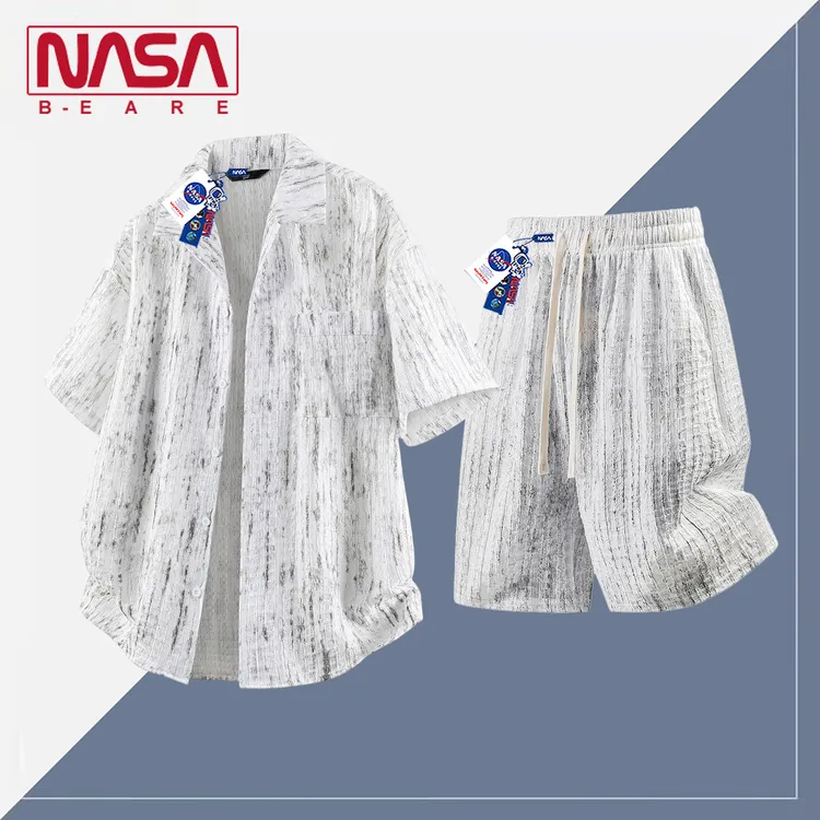 NASA联名【肌理纹套装】男士夏季时尚宽松加大码短袖衬衫短裤两件套