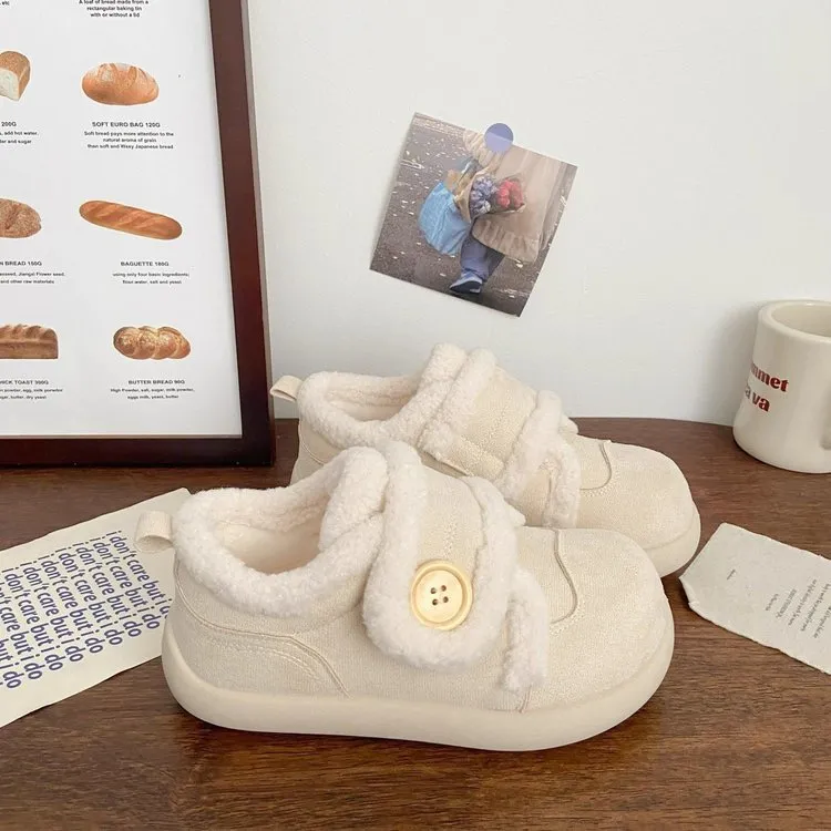 奶白加绒魔术贴板鞋女丑萌冬季新款棉鞋chic小众雪地靴运动小白鞋
