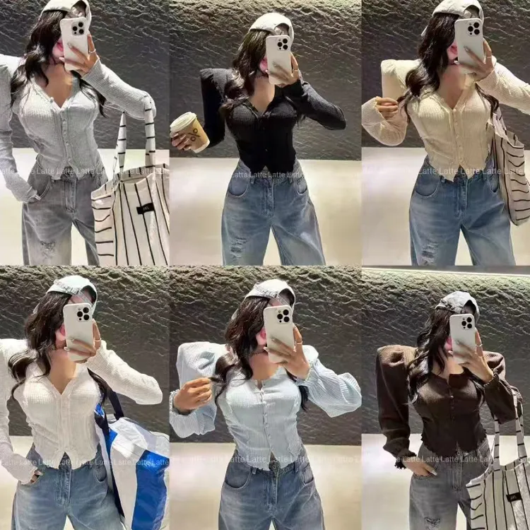 LATTE正版秋季新品 紧身弹力短款泡泡袖长袖T恤女