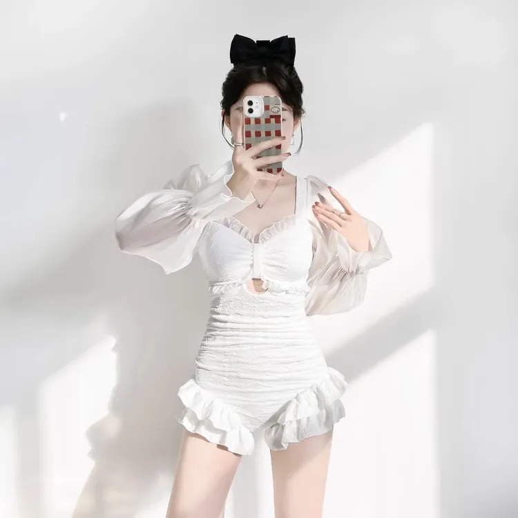 泡温泉泳衣女高级感长袖保守2025新款小胸聚拢微胖女孩显瘦泳装
