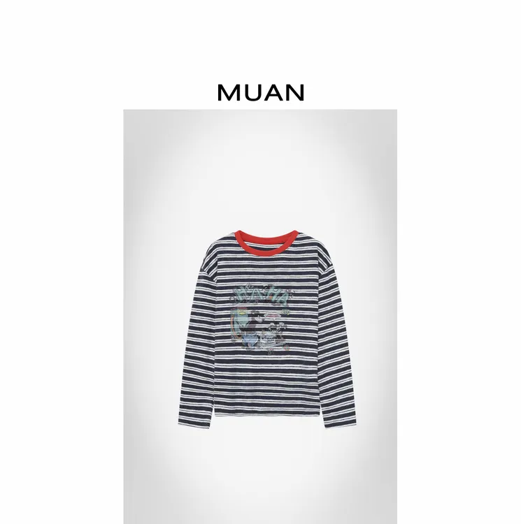 木岸MUAN：《奥比岛长袖T》定制复古百搭条纹撞色上衣女CQ-MJ-F8380