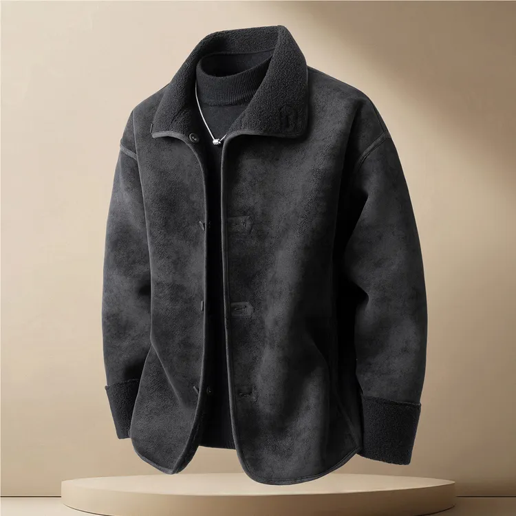 皮毛一体保暖外套男款冬季加绒加厚棉衣翻领美式复古机车夹克棉服