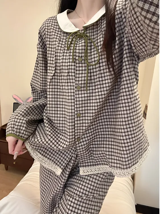 少女甜美娃娃领格子睡衣女春秋款2025新款可出门长袖长裤家居服夏