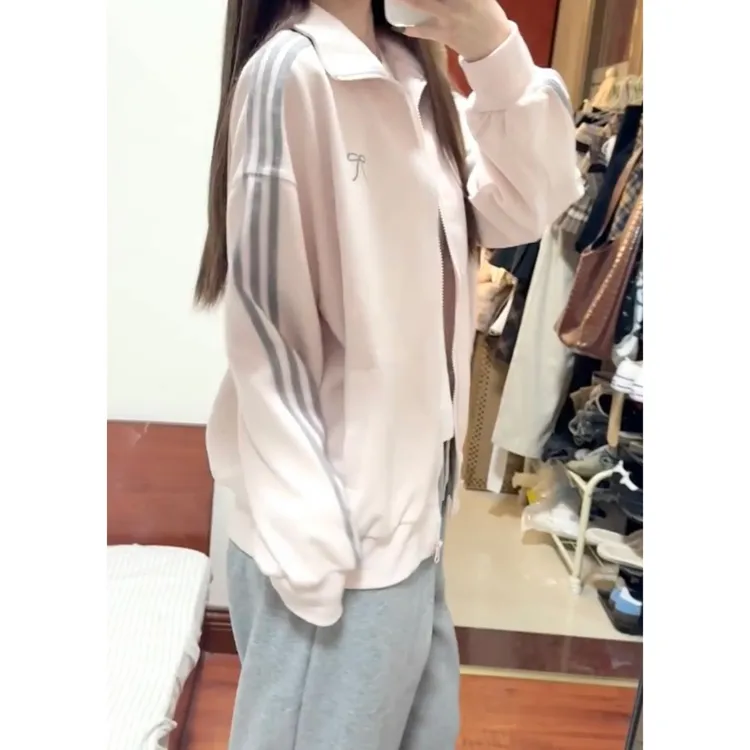 甜酷爆款清新个性立领三条杠卫衣女秋冬百搭休闲加绒拉链开衫外套