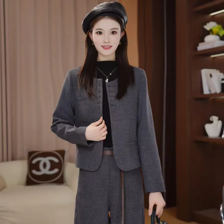 蕾蕾姐爆款三件套秋冬毛呢套装新款女毛呢外套➕毛呢裤➕皮皮带套装