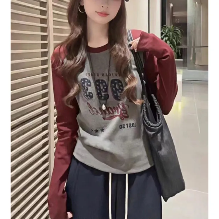 【丹姐家~美式插肩袖~】复古休闲撞色圆领长袖T恤