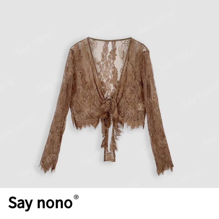 懒猫nono│Saynono时尚温柔蕾丝网纱绑带设计罩衫H066036X