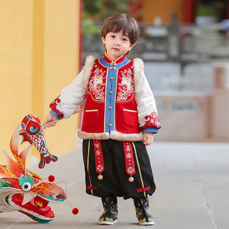 旗铂-金马送财 2025新款儿童拜年服国风男童汉服旗袍过年红色唐装