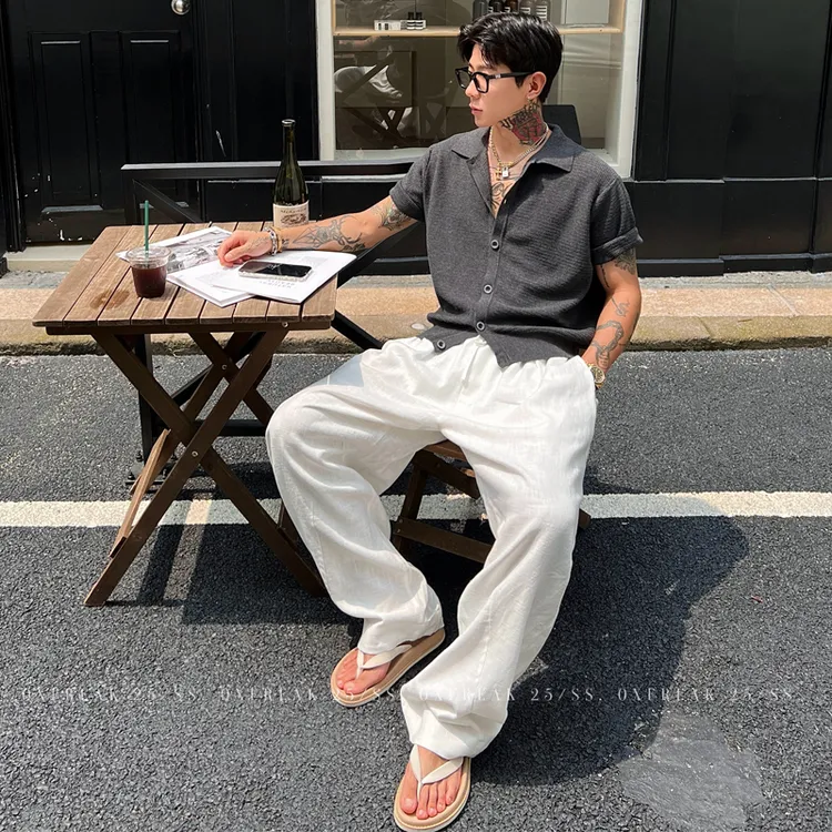 OXFREAK「苎麻棉混纺」老钱风纯色休闲裤男夏季薄款宽松直筒裤子