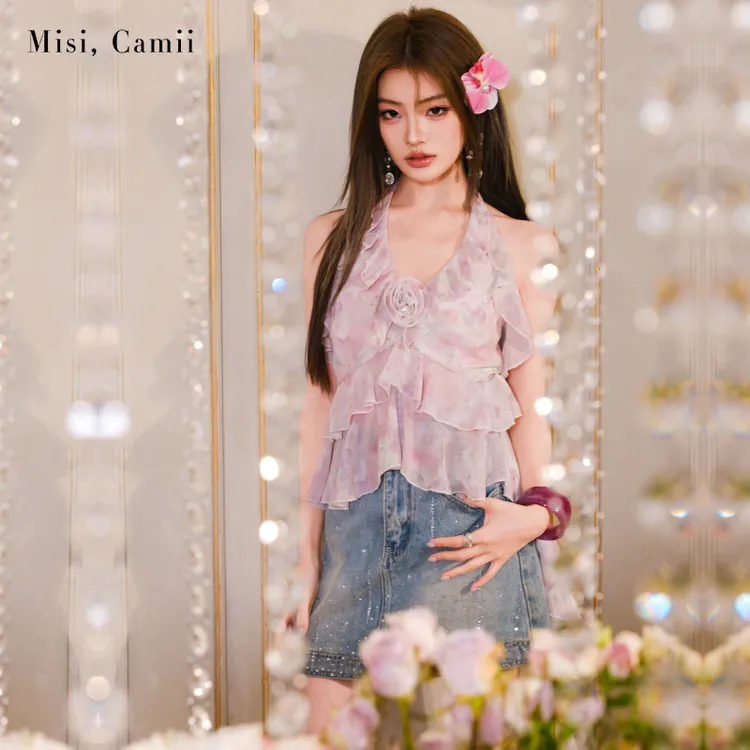 Misi,Camii【孟子义同款】2025年夏季新款粉彩蝴蝶雪纺挂脖上衣百搭