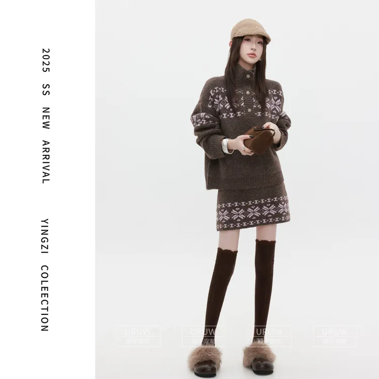 颖子定制【费尔岛梦境】复古慵懒风高领毛衣费尔岛针织高腰短裙2210