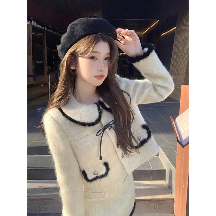 【都灵缪斯】针织冬季小香风轻奢拼接撞色外套气质半裙套装秋冬无帽