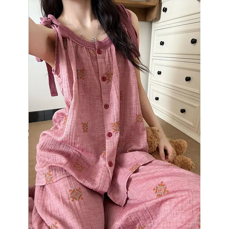 【国风新中式】刺绣棉纱吊带睡衣女夏季新款开衫背心长裤套装家居服